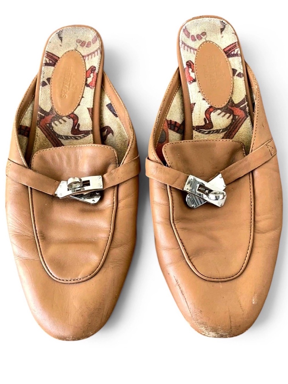 Hermes Tan Leather Slip-On Mules with Silver Buckle